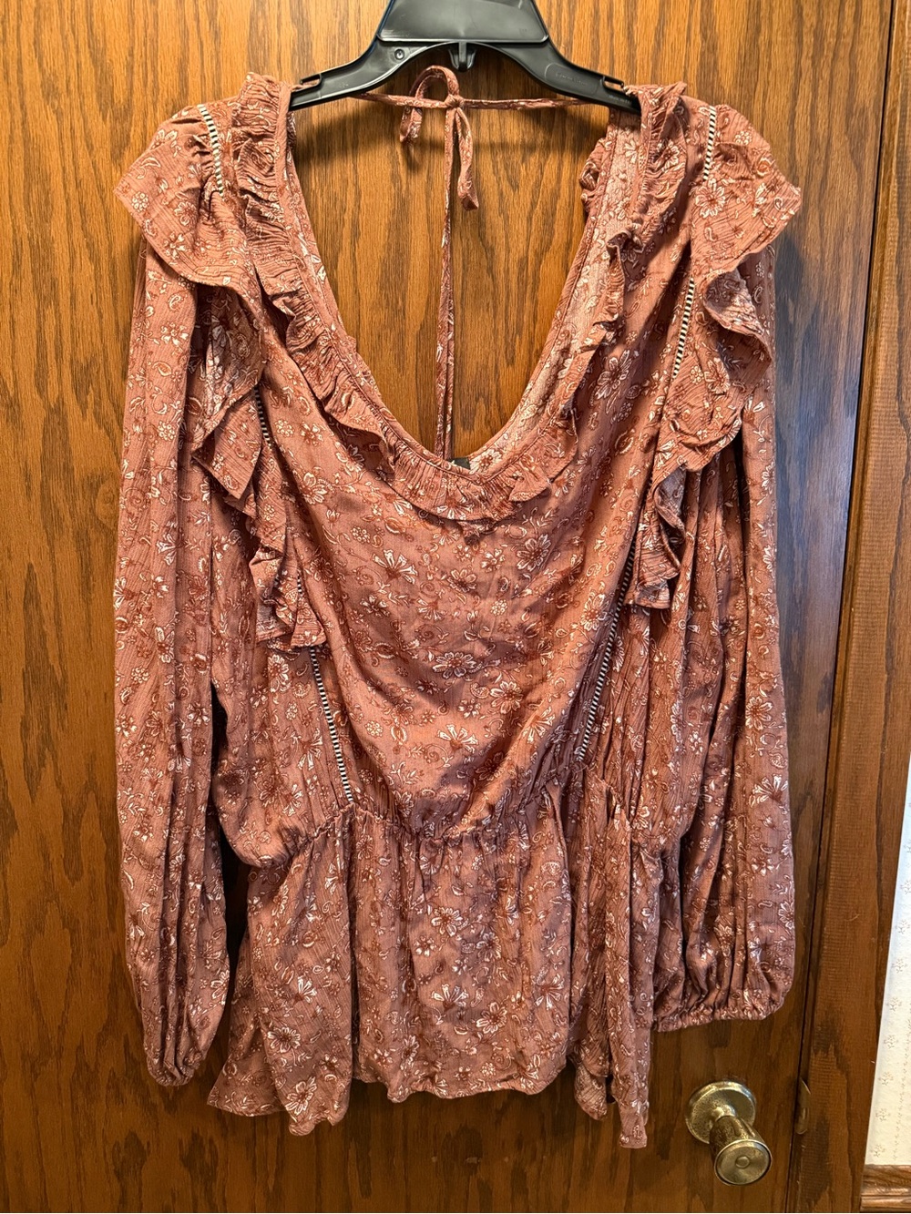 Women’s Dark Rose Floral V-Neck Ruffle Blouse-New with Tags
